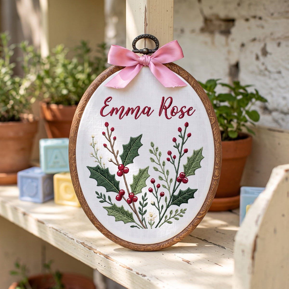 Personalized Baby Name Holly Berries Greenery Leaves Embroidery Hoop Art Nursery Keepsake