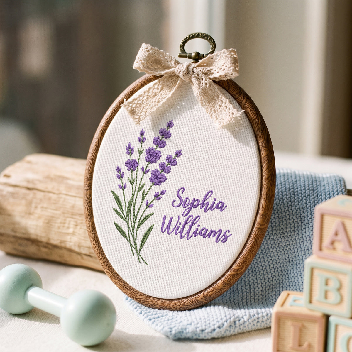 Custom Baby Name Lavender Stems Floral Branches Embroidery Hoop Art Nursery Decor Keepsake