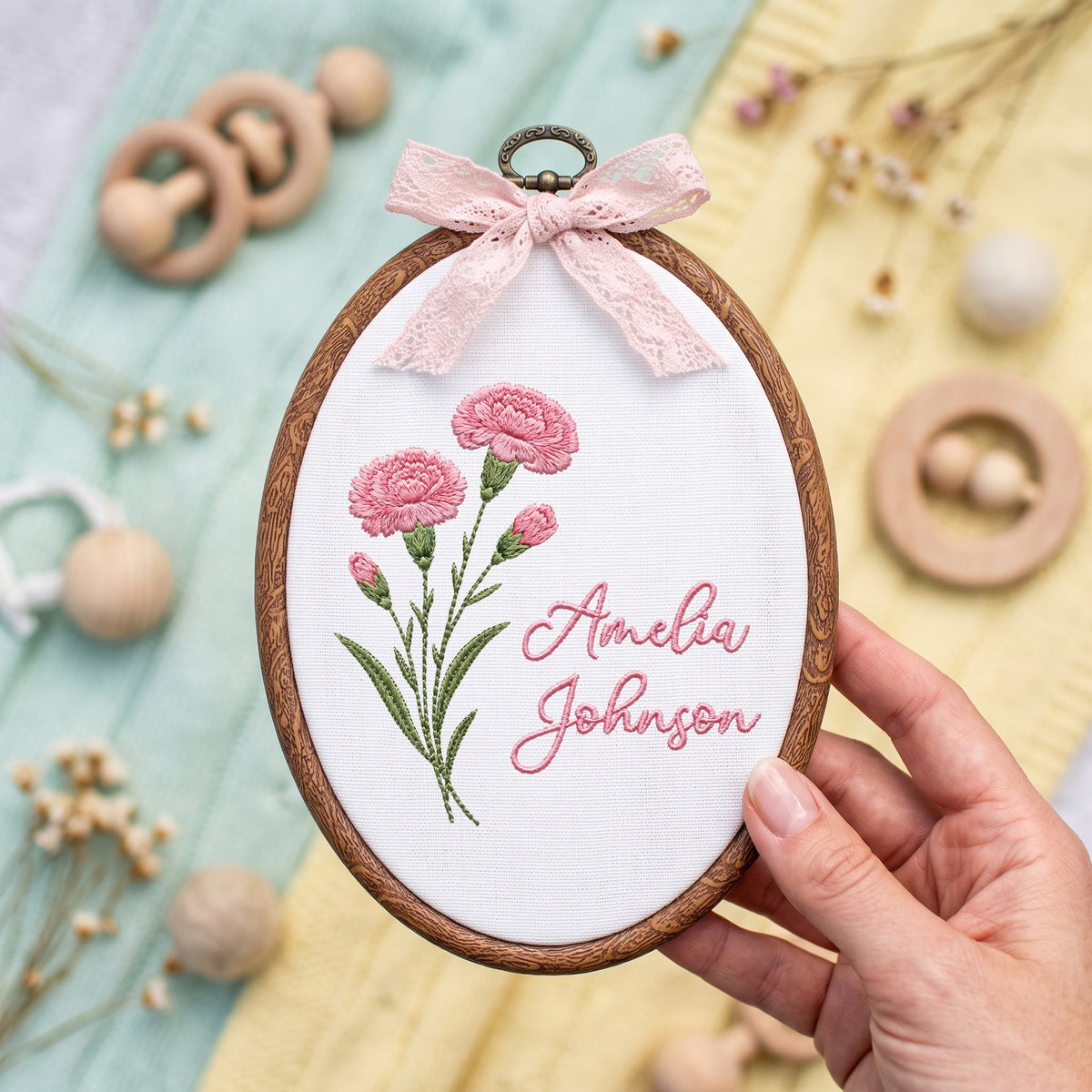 Personalized Baby Name Pink Carnations Floral Stems Embroidery Hoop Art Nursery Keepsake