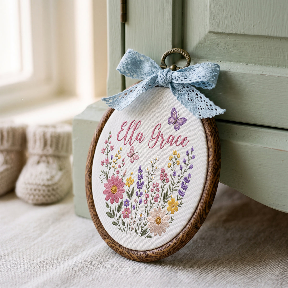 Personalized Baby Name Wildflowers Butterflies Embroidery Hoop Art Nursery Decor Keepsake