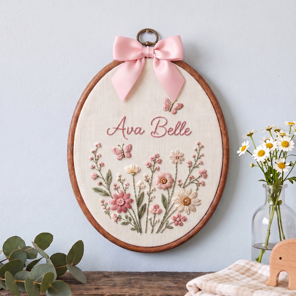 Personalized Blue Wildflowers Butterflies Embroidery Hoop Art Nursery Decor Keepsake