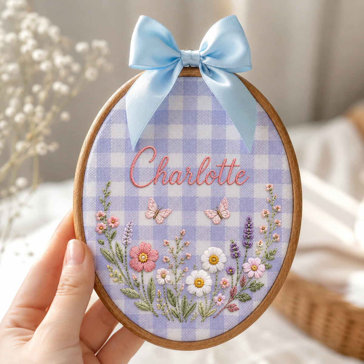 Personalized Sage Green Wildflowers Butterflies Embroidery Hoop Art Nursery Decor Keepsake