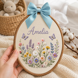 Personalized Baby Name Meadow Flowers Butterflies Embroidery Hoop Art Nursery Keepsake