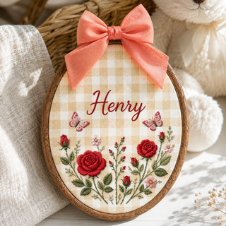 Personalized Baby Name Red Roses Butterflies Embroidery Hoop Art Nursery Decor Keepsake