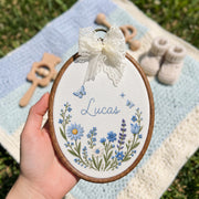 Personalized Baby Name Blue Floral Butterflies Embroidery Hoop Art Nursery Decor Keepsake