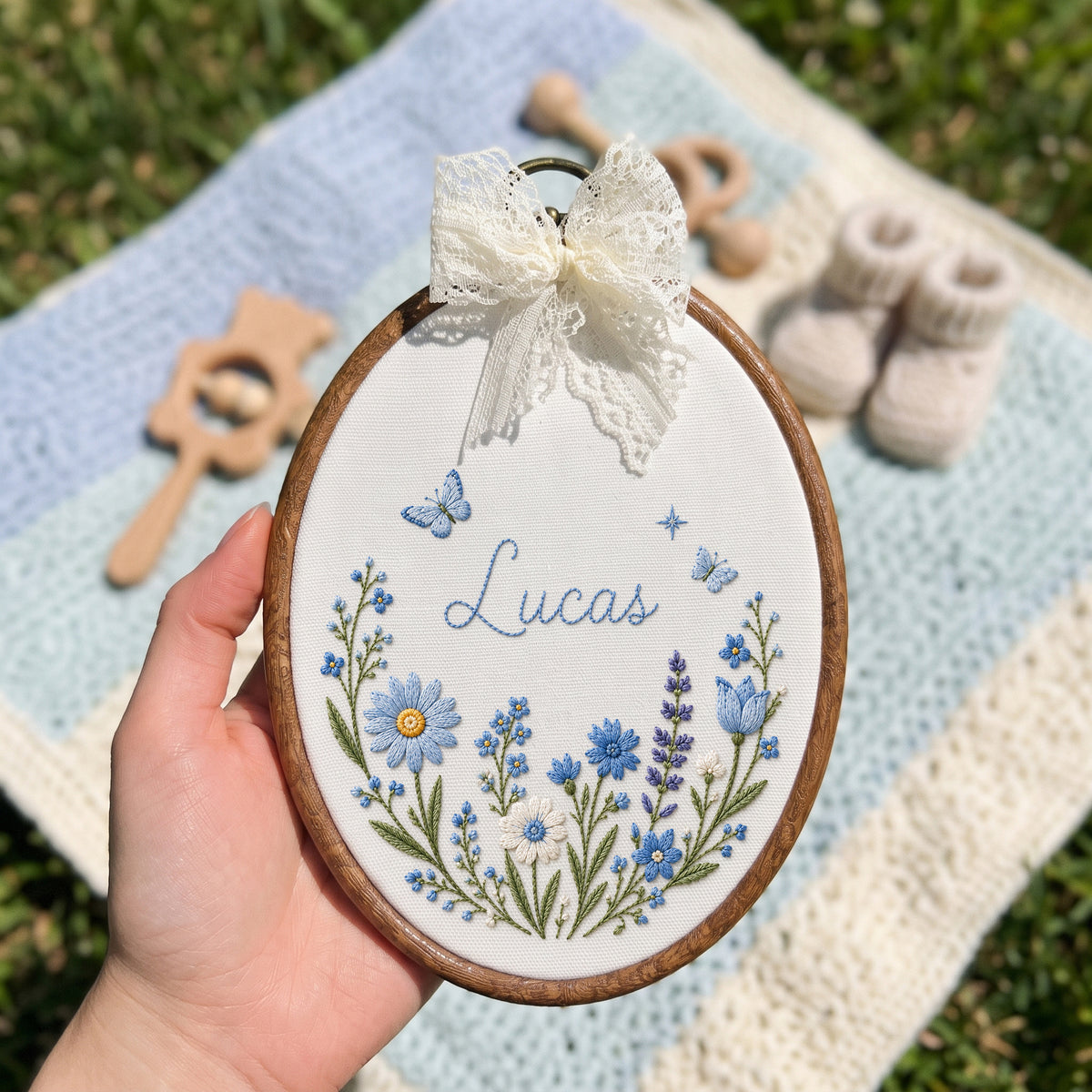Personalized Baby Name Blue Floral Butterflies Embroidery Hoop Art Nursery Decor Keepsake