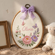 Personalized Baby Name Sage Green Floral Butterflies Embroidery Hoop Art Nursery Keepsake