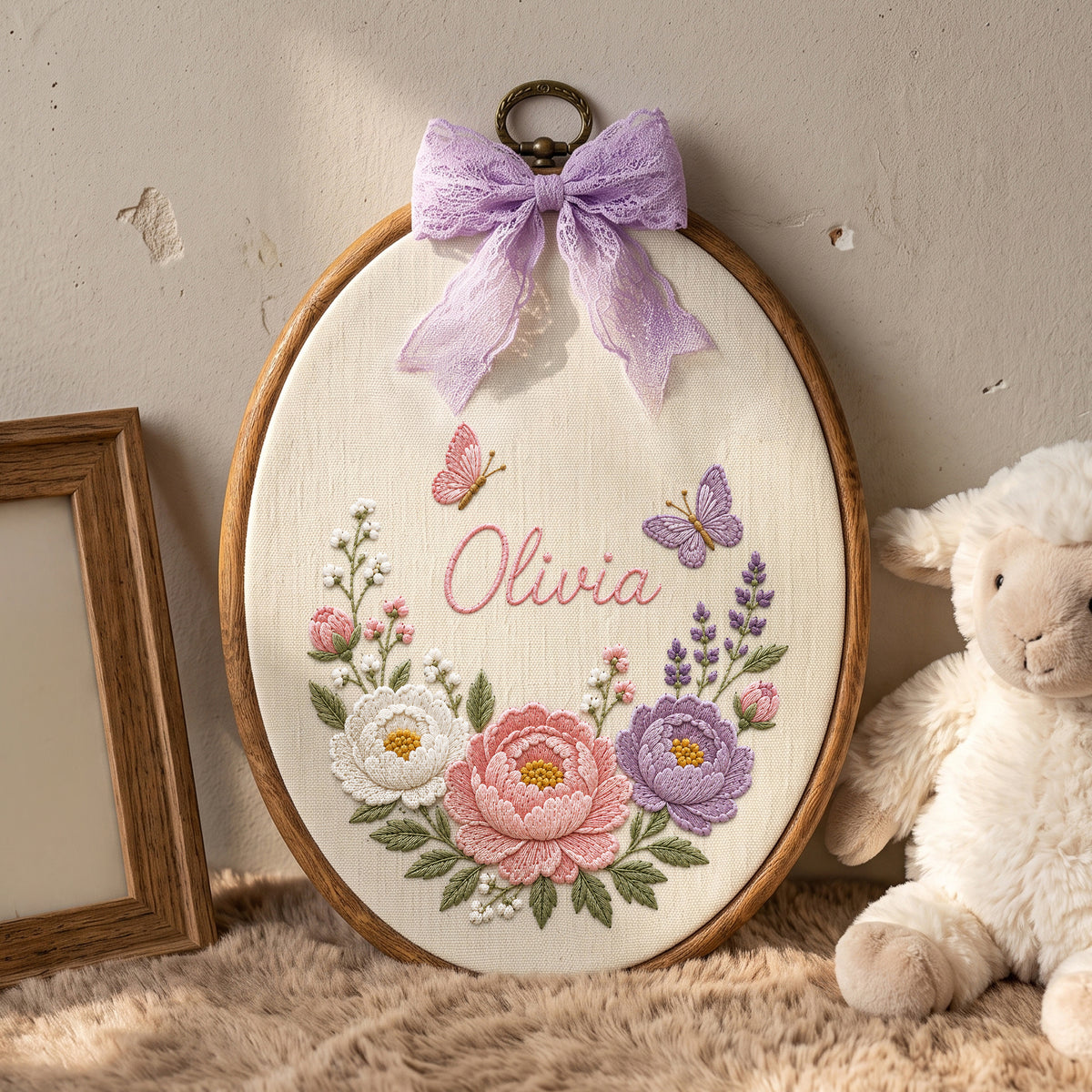 Personalized Baby Name Sage Green Floral Butterflies Embroidery Hoop Art Nursery Keepsake