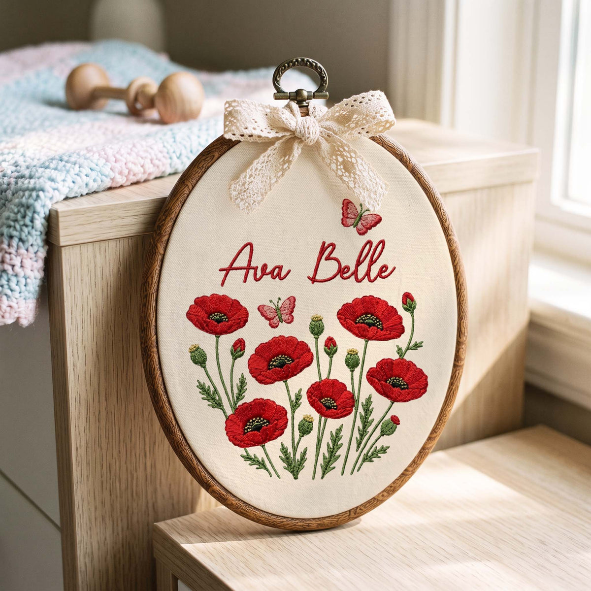 Personalized Baby Name Red Poppies Butterflies Embroidery Hoop Art Nursery Decor Keepsake