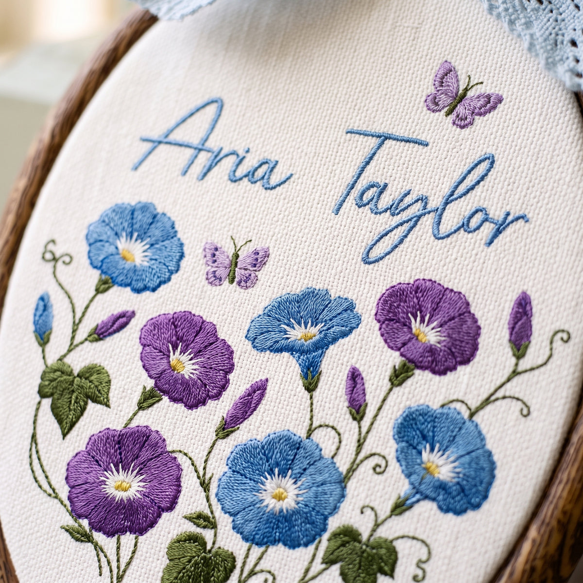 Custom Baby Name Morning Glory Butterflies Embroidery Hoop Art Nursery Decor Keepsake