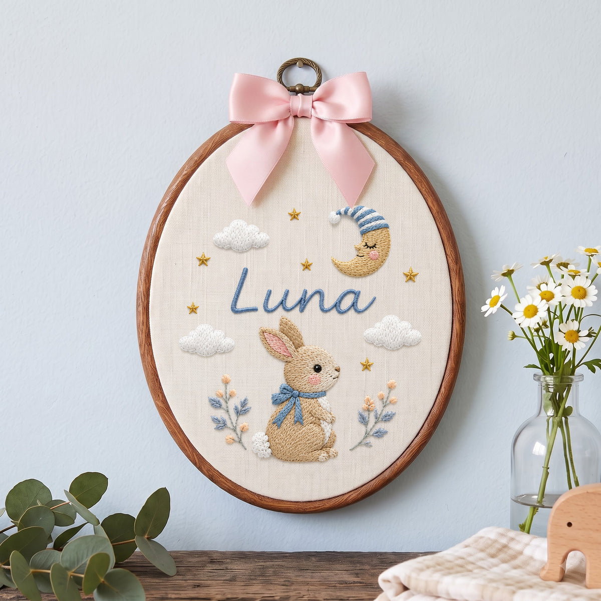 Custom Baby Name Celestial Bunny Moon Stars Embroidery Hoop Art Nursery Keepsake