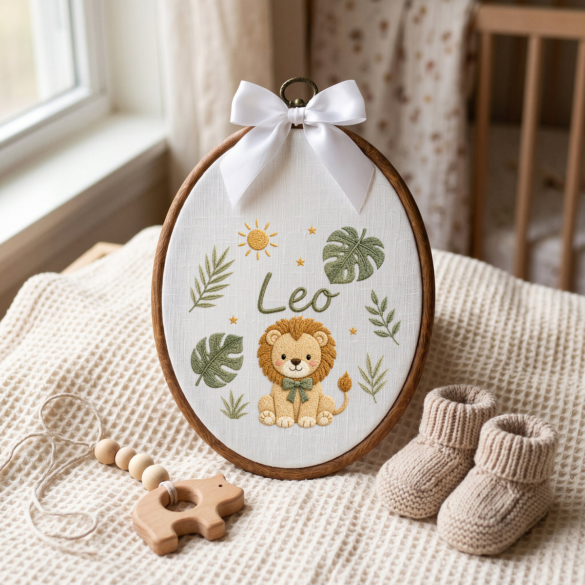 Personalized Baby Name Safari Lion Jungle Leaves Embroidery Hoop Art Nursery Keepsake