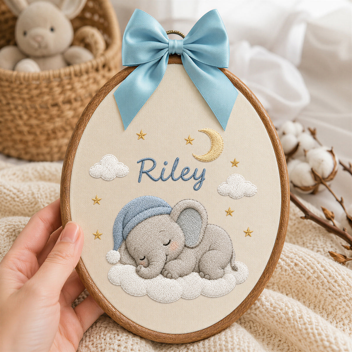 Custom Purple Gingham Elephant Sleepy Moon Stars Embroidery Hoop Art Nursery Keepsake