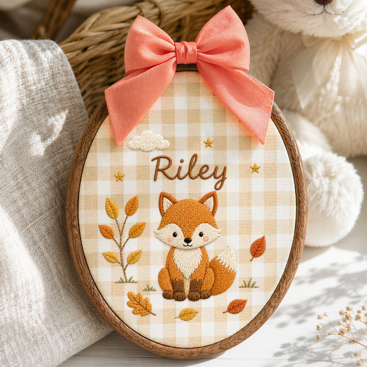 Personalized Purple Woodland Fox Autumn Leaves Embroidery Hoop Art Nursery Keepsake