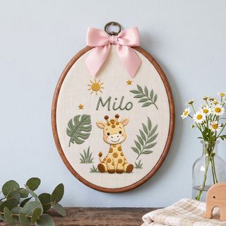 Custom Baby Name Safari Giraffe Jungle Leaves Embroidery Hoop Art Nursery Keepsake