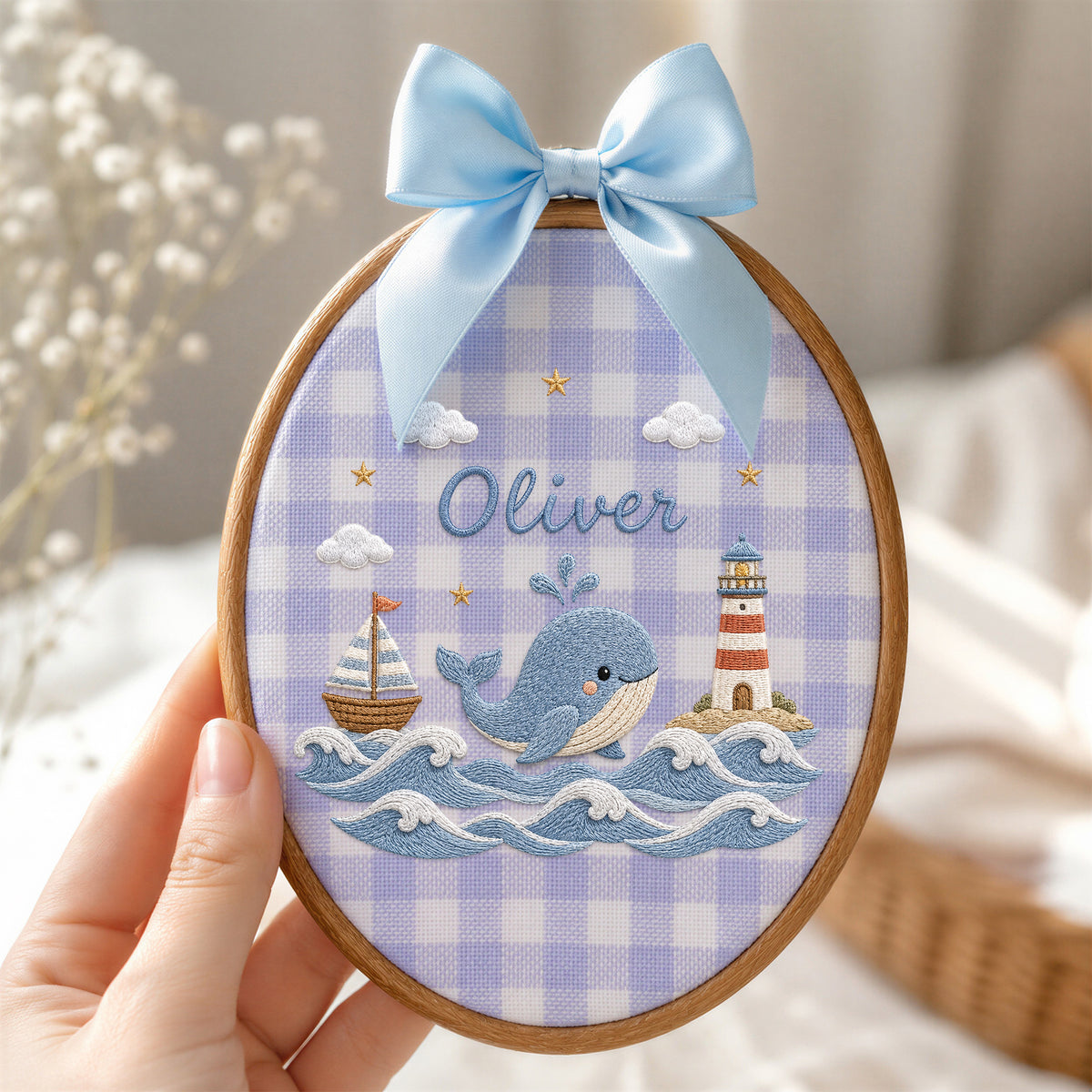 Personalized Baby Name Nautical Whale Lighthouse Sailboat Embroidery Hoop Art Keepsake