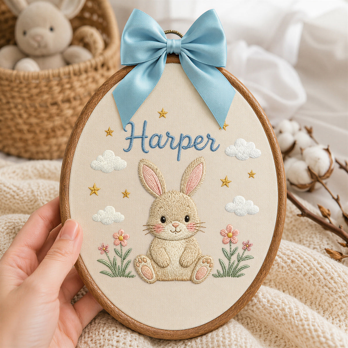 Personalized Baby Name Cute Bunny Flowers Embroidery Hoop Art Nursery Decor Keepsake