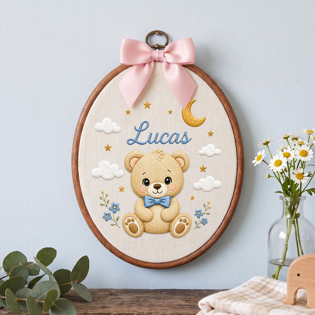 Custom Baby Name Celestial Teddy Bear Moon Stars Embroidery Hoop Art Nursery Keepsake