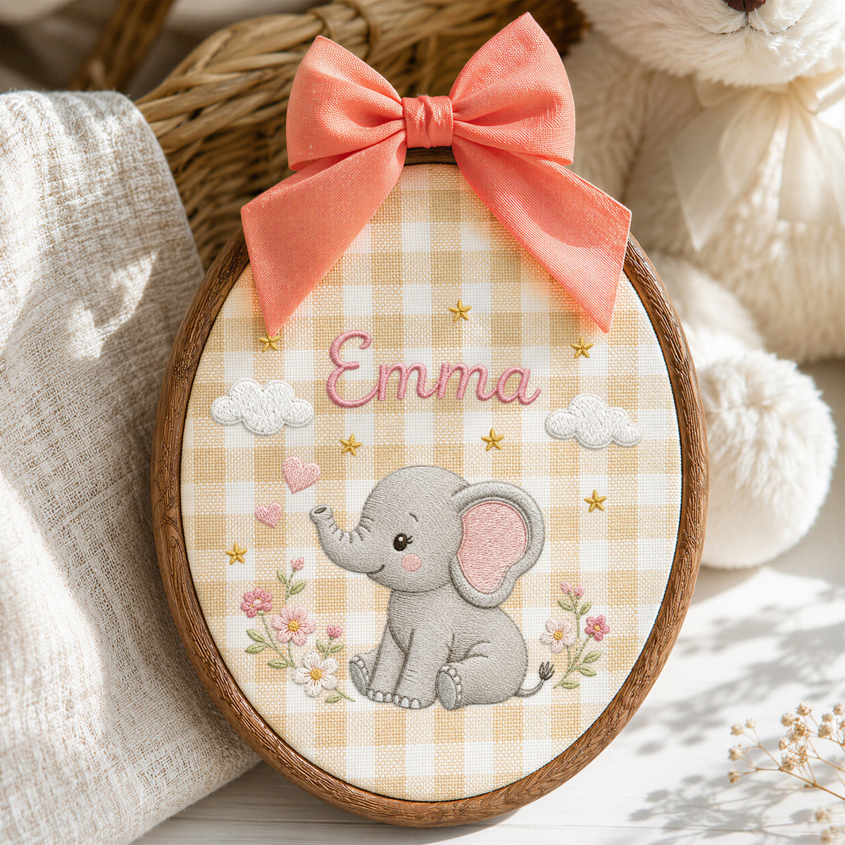 Personalized Purple Elephant Flowers Stars Embroidery Hoop Art Nursery Decor Keepsake