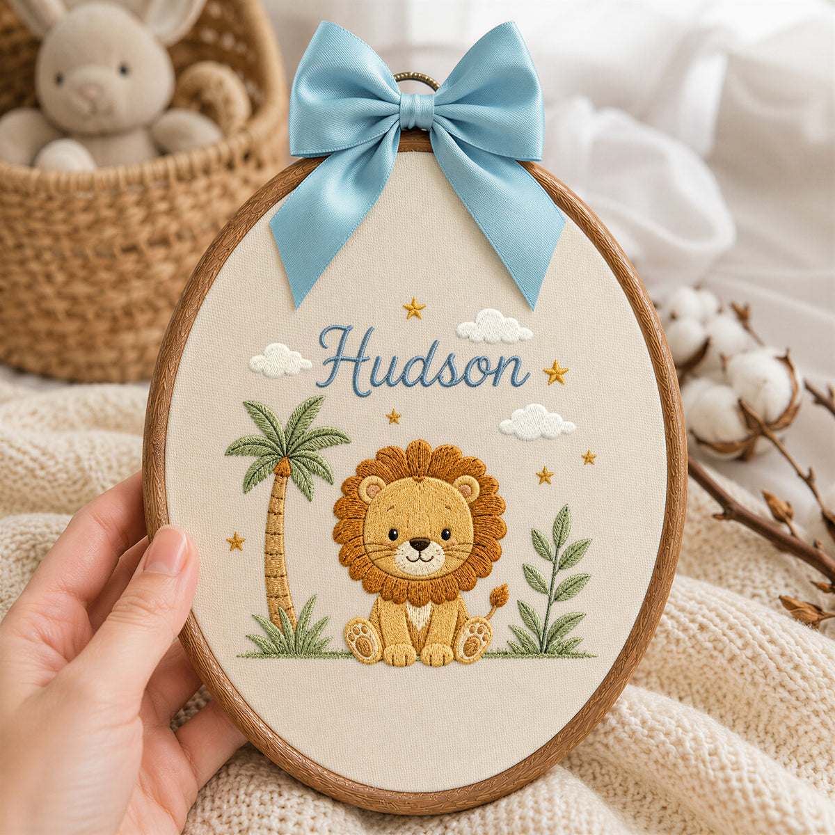 Personalized Baby Name Safari Lion Palm Tree Embroidery Hoop Art Nursery Decor Keepsake