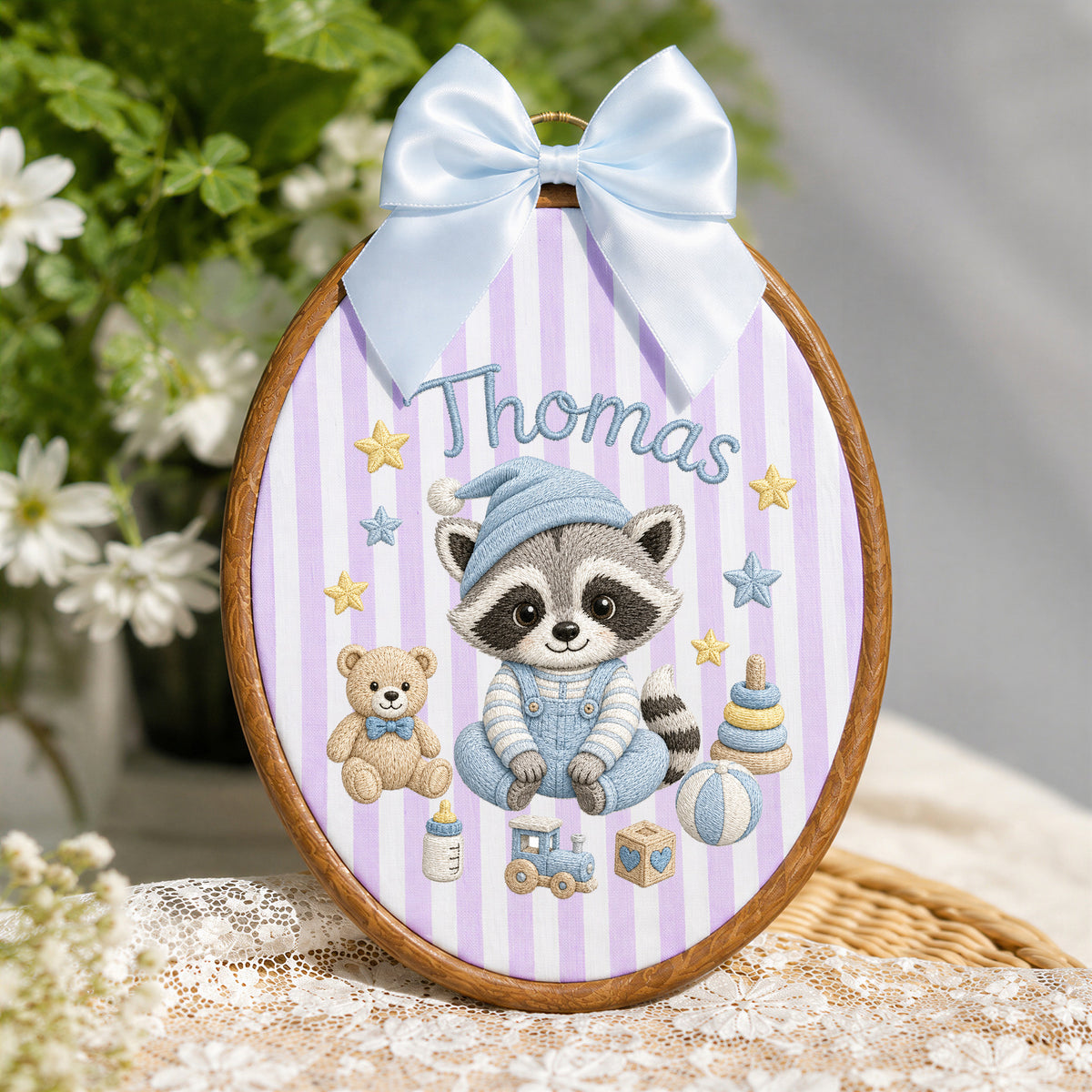 Personalized Baby Name Raccoon Toy Stack Stars Embroidery Hoop Art Nursery Decor Keepsake