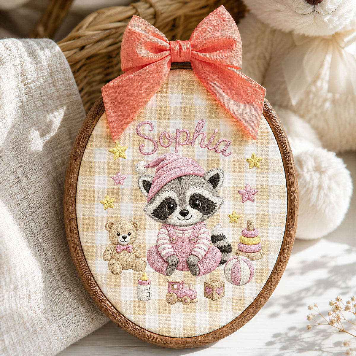 Personalized Purple Raccoon Toys Stars Embroidery Hoop Art Nursery Decor Keepsake