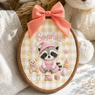 Personalized Purple Raccoon Toys Stars Embroidery Hoop Art Nursery Decor Keepsake
