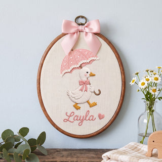 Personalized Baby Name Cute Duck Umbrella Heart Embroidery Hoop Art Nursery Decor Keepsake