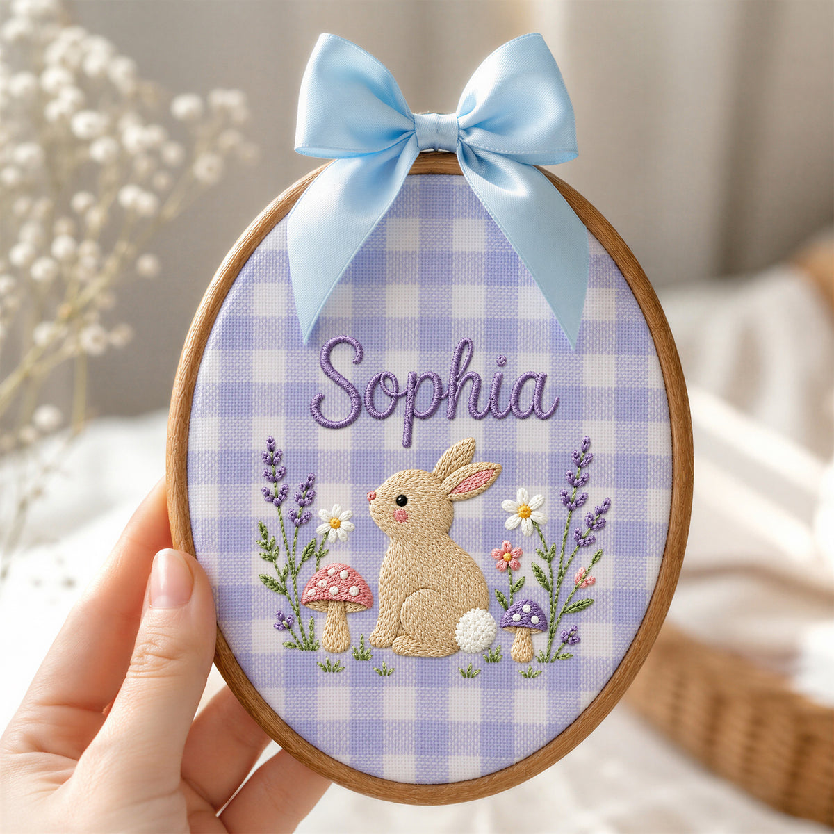 Custom Baby Name Bunny Mushrooms Lavender Flowers Embroidery Hoop Art Nursery Keepsake