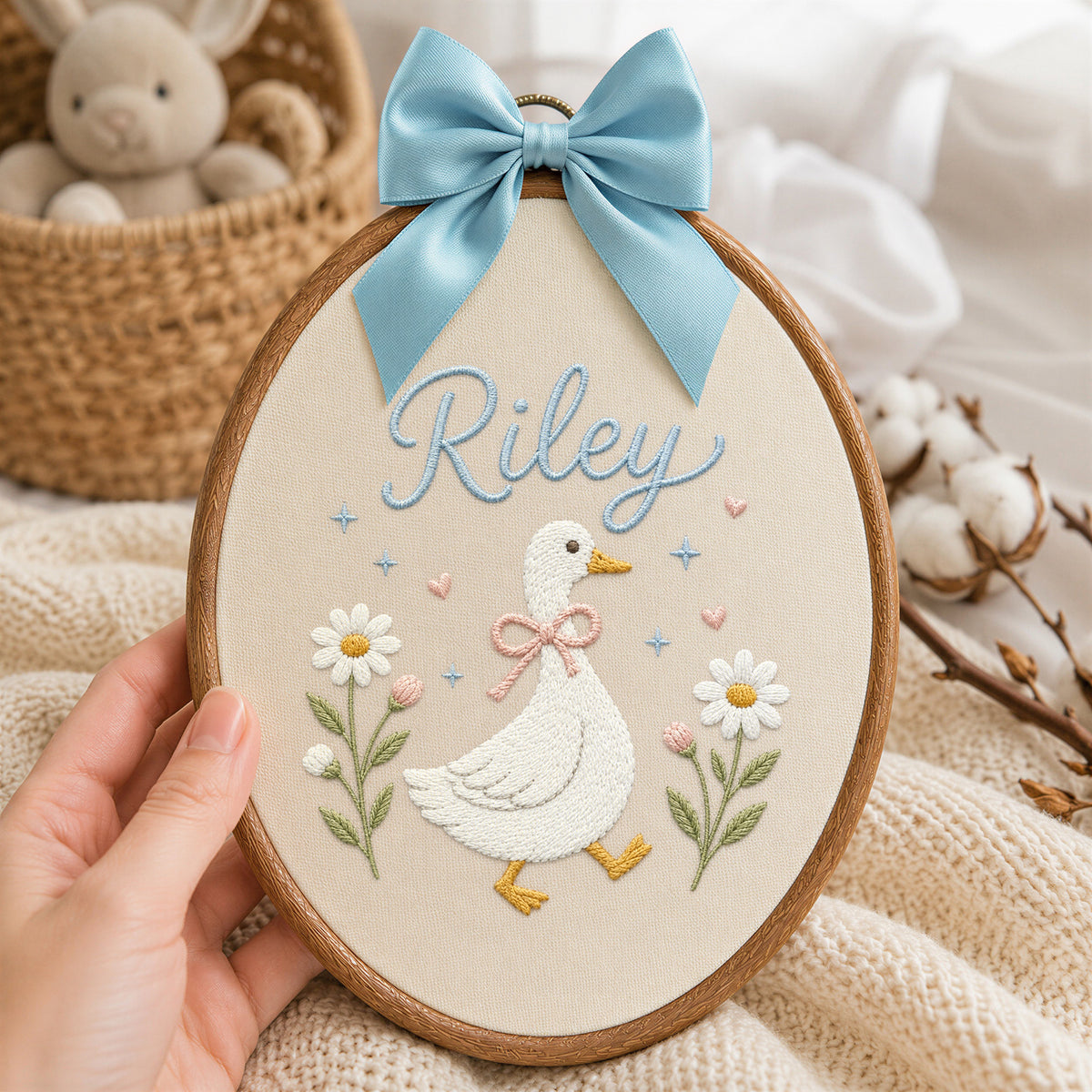 Custom Baby Name Goose Daisy Flowers Hearts Embroidery Hoop Art Nursery Decor Keepsake
