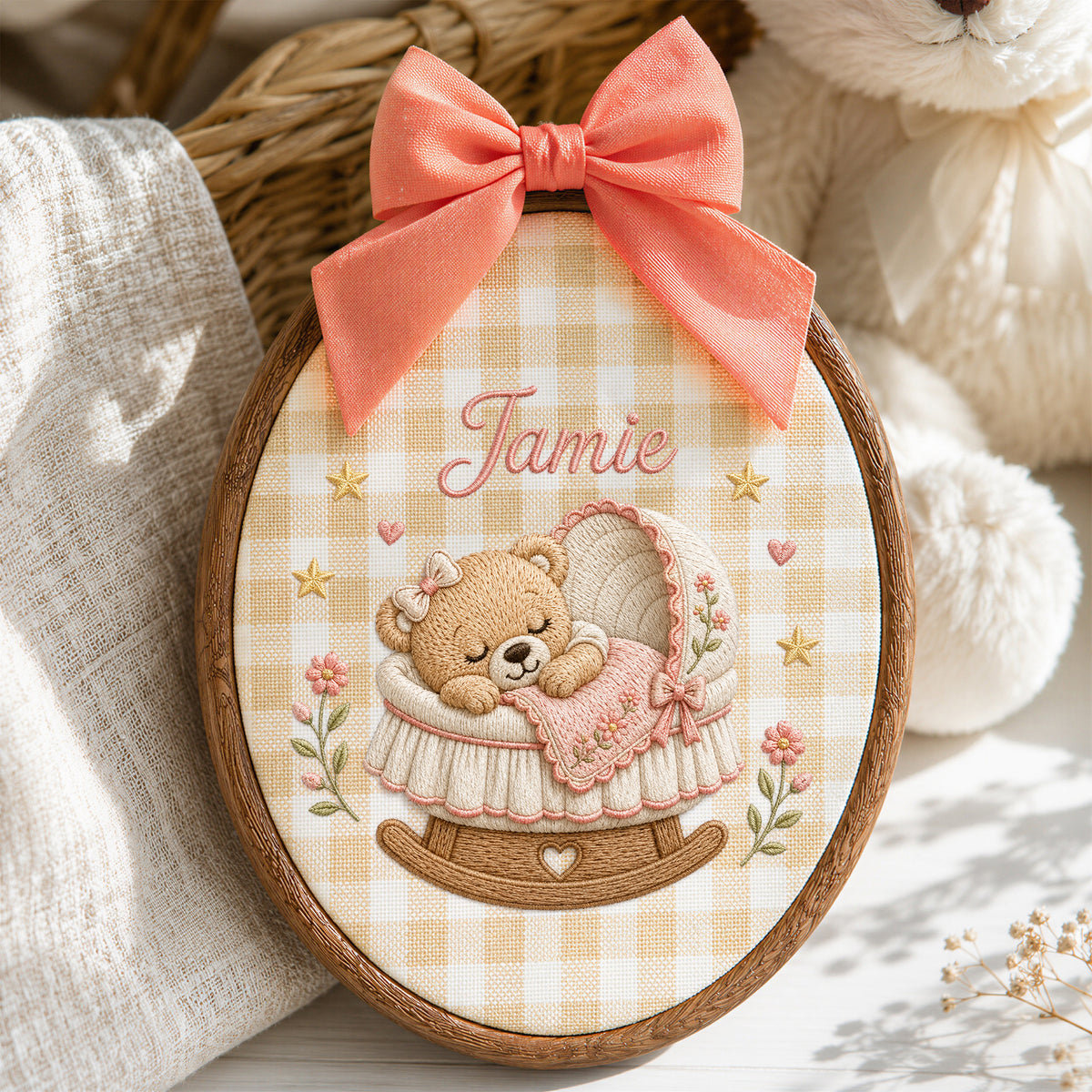 Custom Purple Sleeping Teddy Bear Bassinet Stars Embroidery Hoop Art Nursery Keepsake