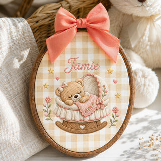Custom Purple Sleeping Teddy Bear Bassinet Stars Embroidery Hoop Art Nursery Keepsake