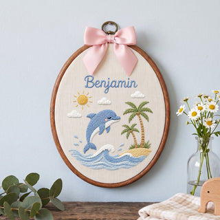 Custom Baby Name Dolphin Tropical Palm Trees Embroidery Hoop Art Nursery Decor Keepsake