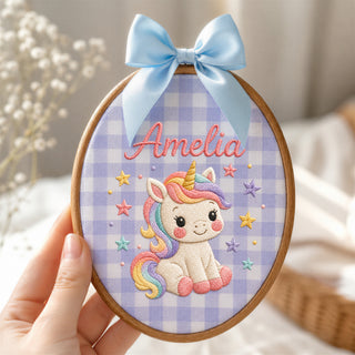 Personalized Baby Name Unicorn Rainbow Mane Stars Embroidery Hoop Art Nursery Keepsake