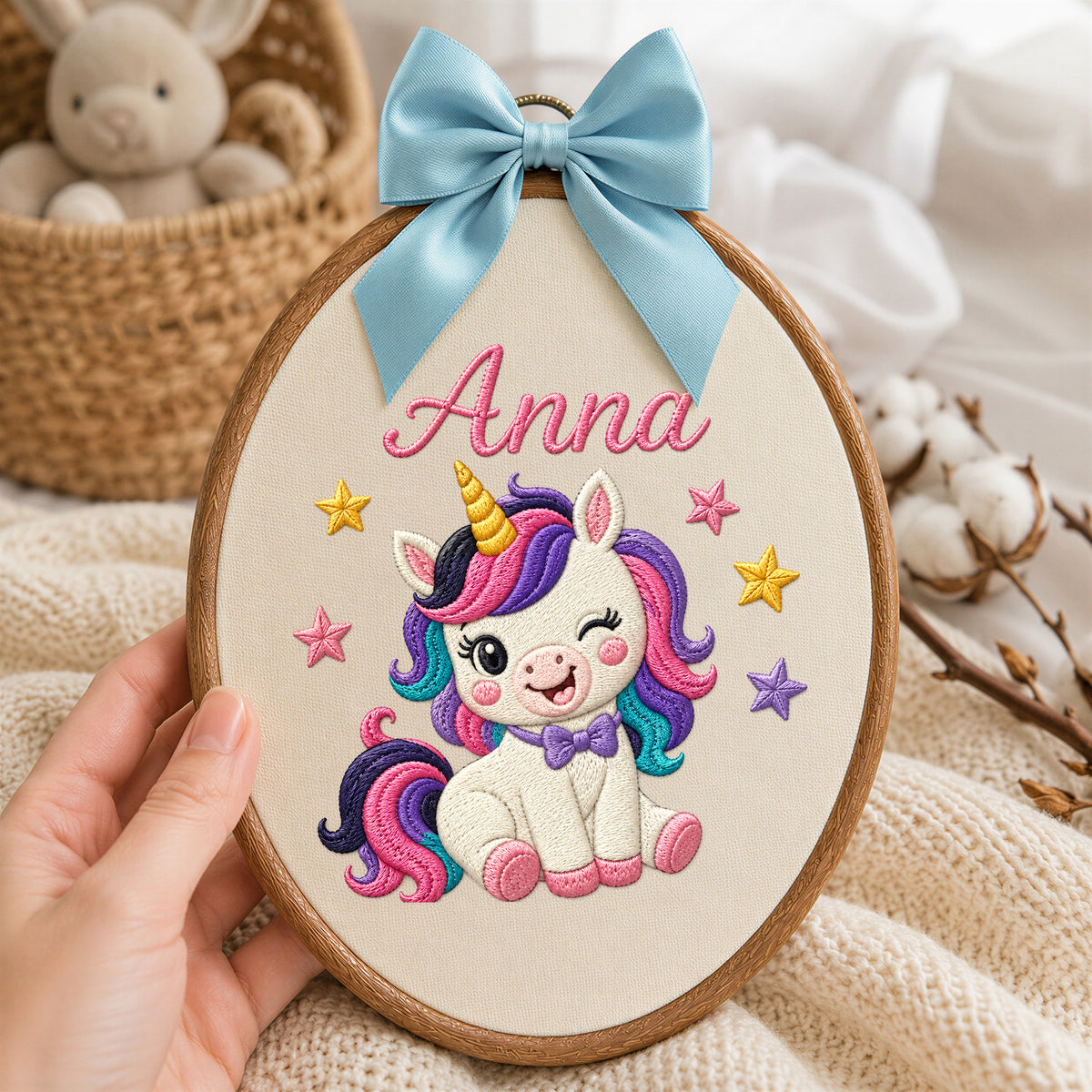 Custom Baby Name Winking Unicorn Stars Bow Embroidery Hoop Art Nursery Decor Keepsake