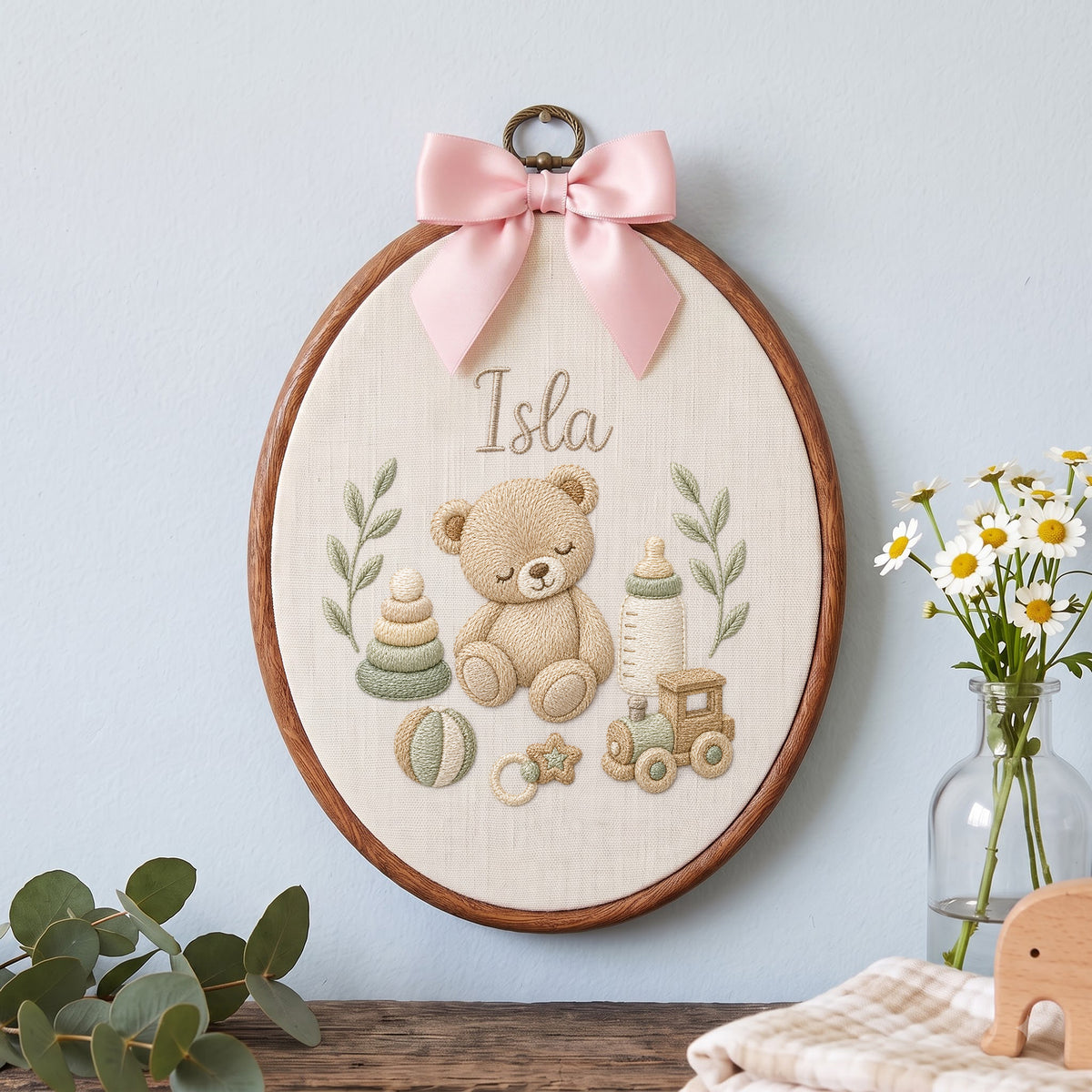 Personalized Baby Name Teddy Bear Toys Embroidery Hoop Art Custom Nursery Decor Keepsake