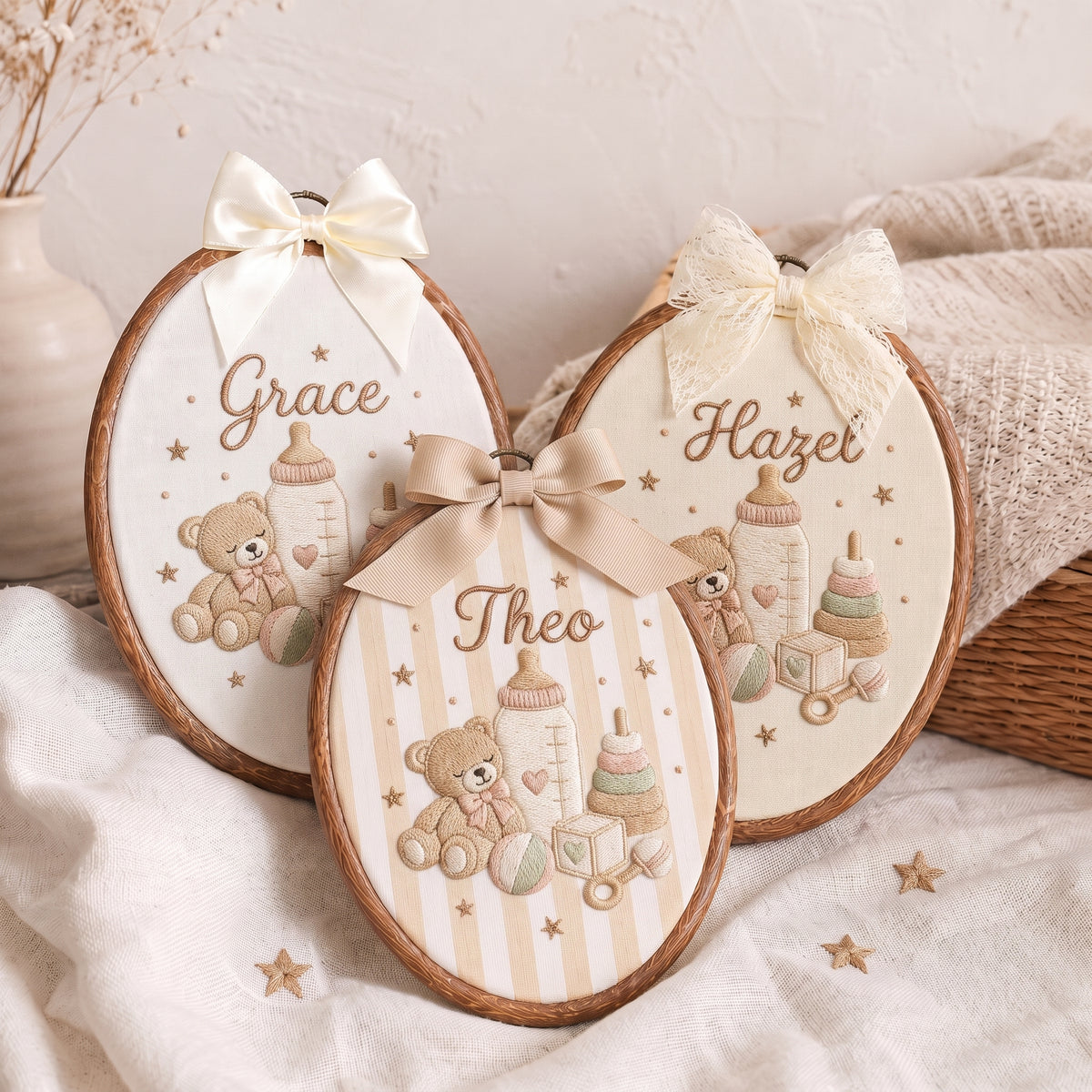 Personalized Baby Name Gingham Teddy Bear Toys Embroidery Hoop Art Nursery Keepsake