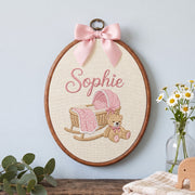 Personalized Baby Name Gingham Rocking Cradle Teddy Bear Embroidery Hoop Art Keepsake