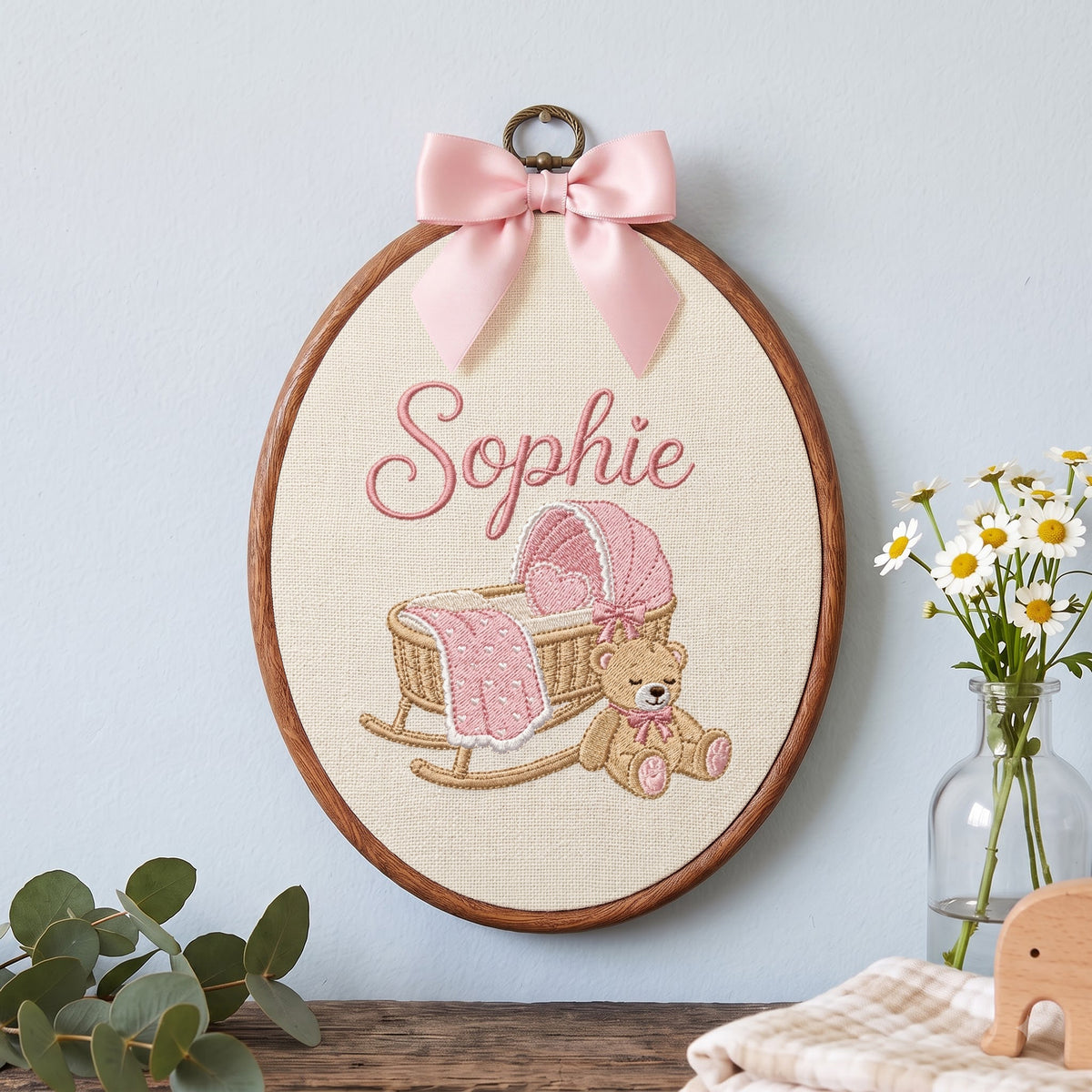 Personalized Baby Name Gingham Rocking Cradle Teddy Bear Embroidery Hoop Art Keepsake