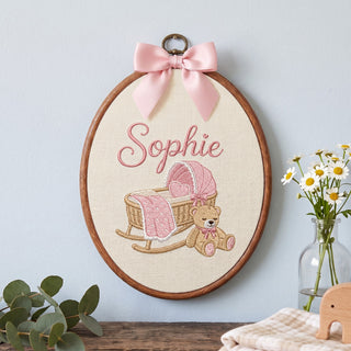 Personalized Baby Name Gingham Rocking Cradle Teddy Bear Embroidery Hoop Art Keepsake