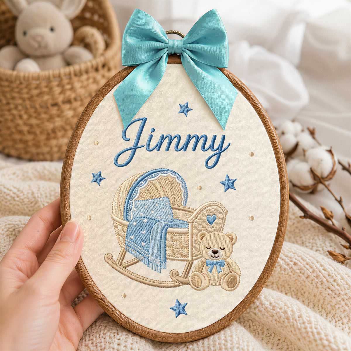 Handmade Baby Name Rocking Cradle Teddy Bear Embroidery Hoop Art Nursery Keepsake