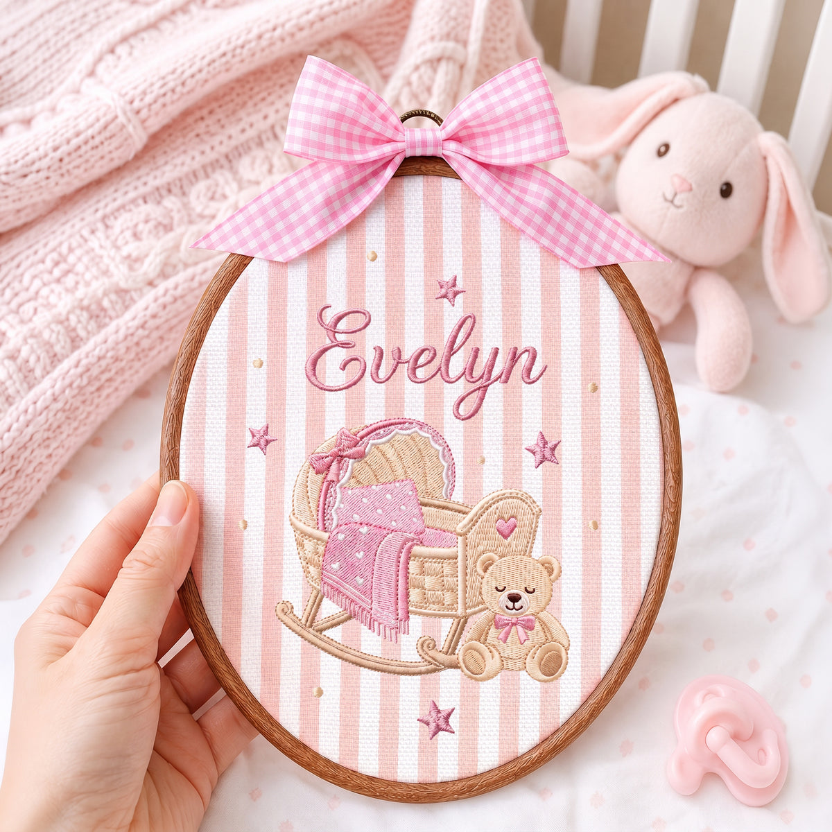 Personalized Baby Name Rocking Cradle Teddy Bear Embroidery Hoop Art Nursery Keepsake