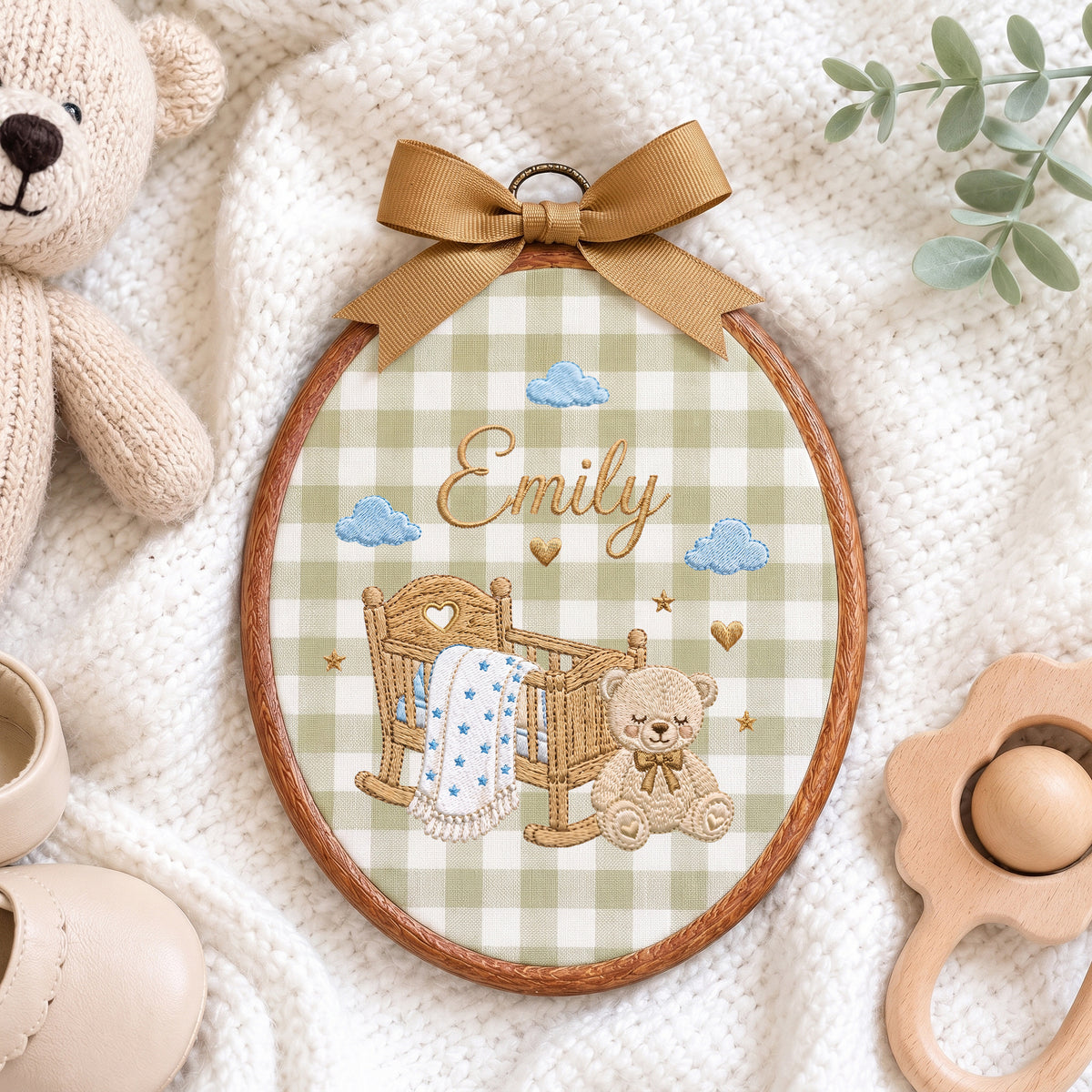 Personalized Baby Name Rocking Cradle Teddy Bear Stars Embroidery Hoop Art Keepsake