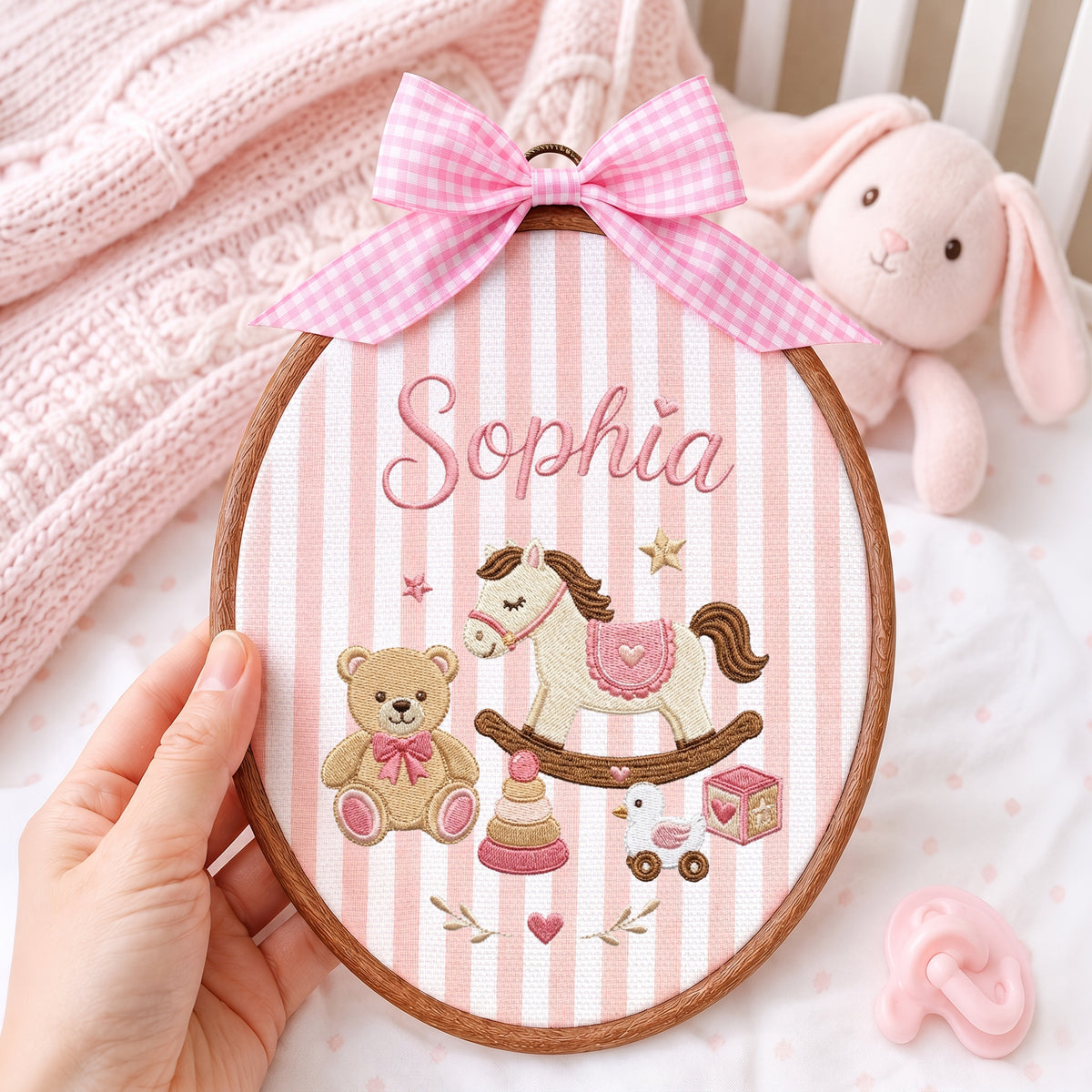 Personalized Baby Name Rocking Horse Teddy Bear Toys Embroidery Hoop Art Keepsake
