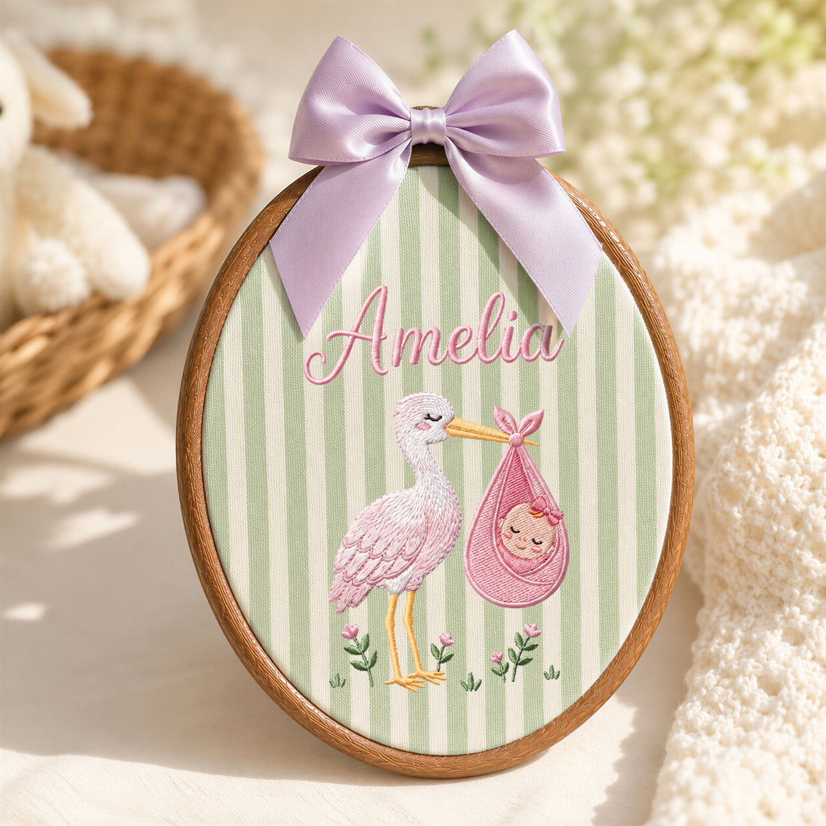 Custom Baby Name Stork Bird Bundle Embroidery Hoop Art Custom Nursery Decor Keepsake