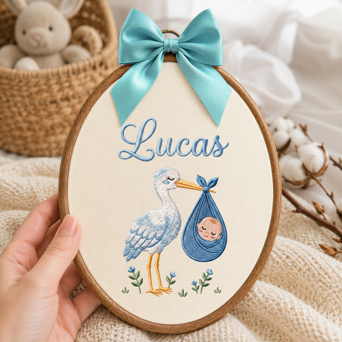 Handmade Baby Name Stork Bird Bundle Embroidery Hoop Art Custom Nursery Decor Keepsake