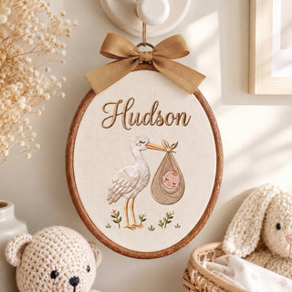 Neutral Beige Stork Bird Bundle Embroidery Hoop Art Custom Nursery Decor Keepsake