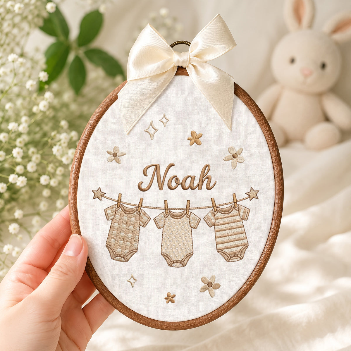 Custom Baby Name Hanging Onesies Clothesline Embroidery Hoop Art Nursery Keepsake