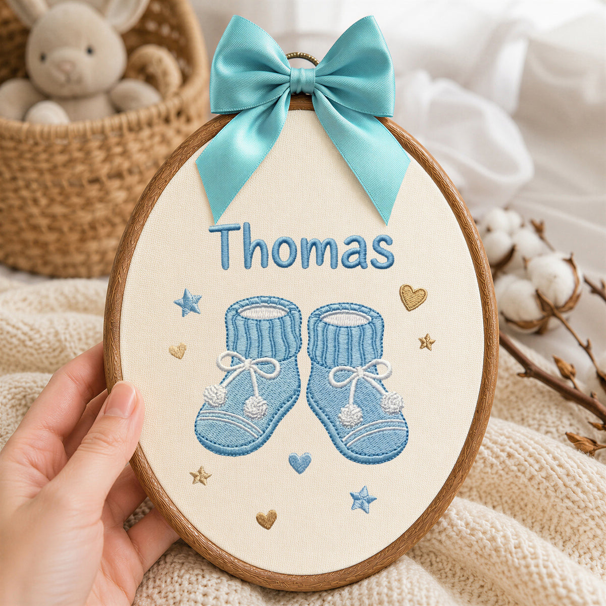 Personalized Baby Name Knitted Booties Embroidery Hoop Art Custom Nursery Keepsake