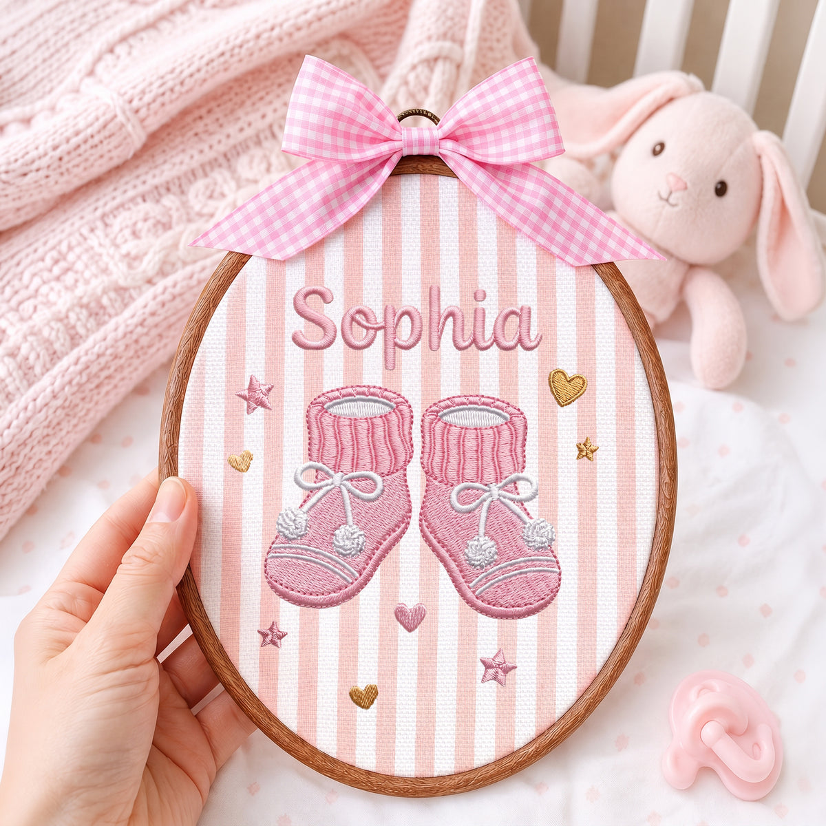 Handmade Baby Name Knitted Booties Embroidery Hoop Art Custom Nursery Decor Keepsake
